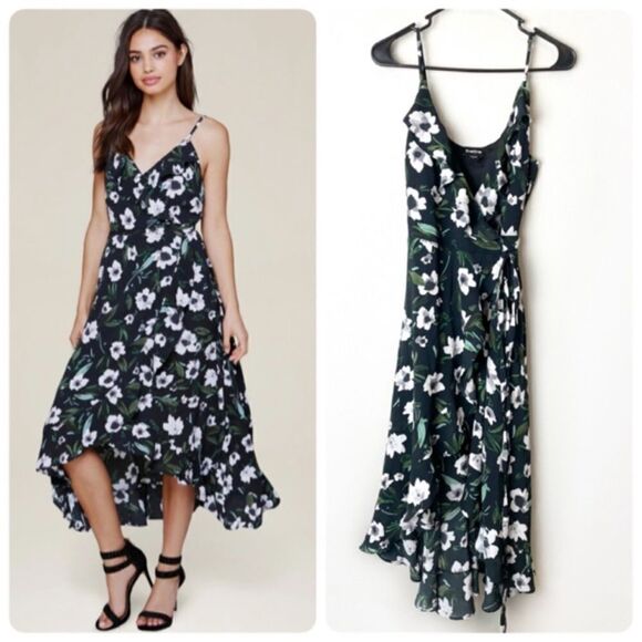 Bebe Floral Print Ruffle Hi-Lo Wrap Dress Cottage Core Feminine Festival Dress - Picture 4 of 12